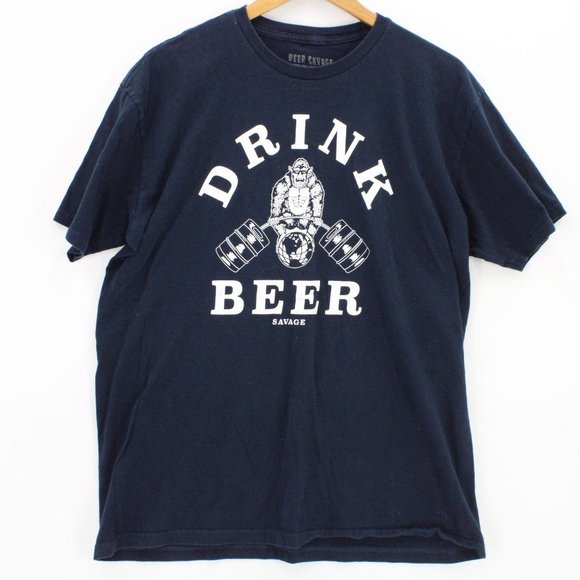 Beer Savage Shirt Mens Navy Blue Short Sleeve Drink Beer Graphic Logo Cotton XL - Picture 1 of 9
